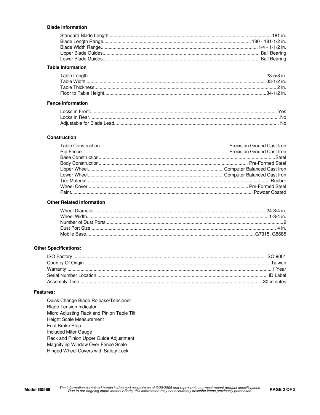 Grizzly DS275-18V Blade Information, Table Information, Fence Information, Construction, Other Related Information 