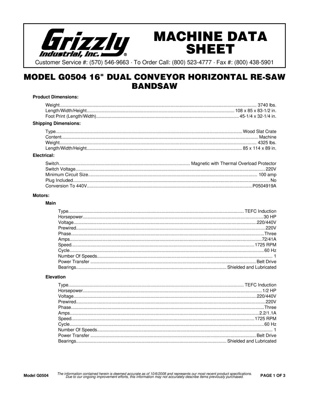 Grizzly DS300-AC specifications Product Dimensions, Shipping Dimensions, Electrical, Motors Main, Elevation 