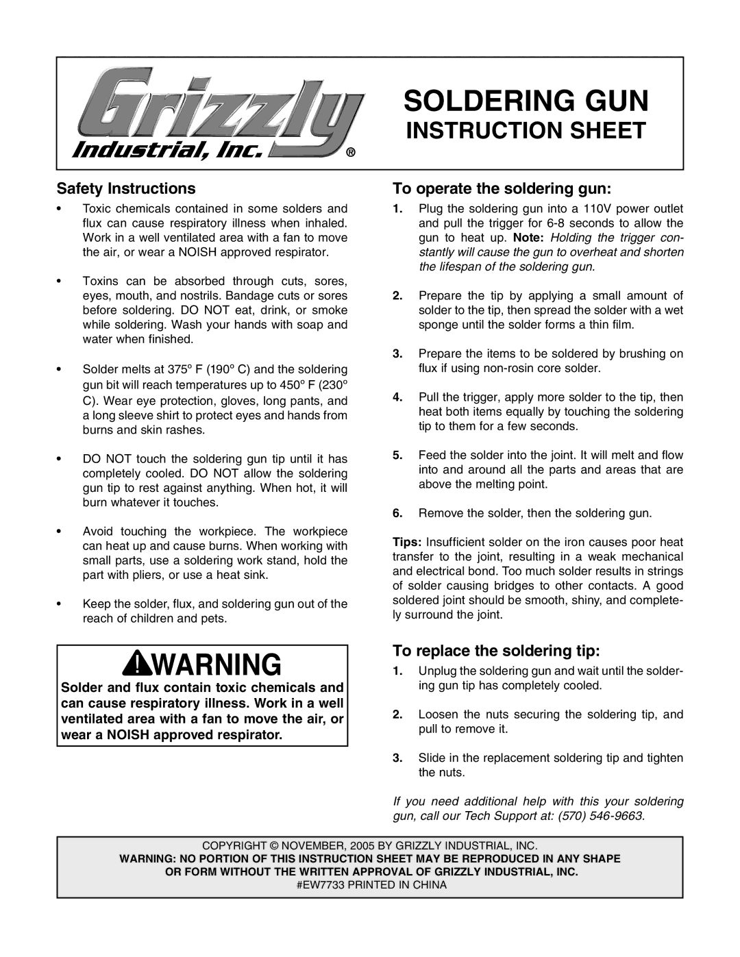 Grizzly EW7733 instruction sheet Soldering GUN, Instruction Sheet, Safety Instructions To operate the soldering gun 