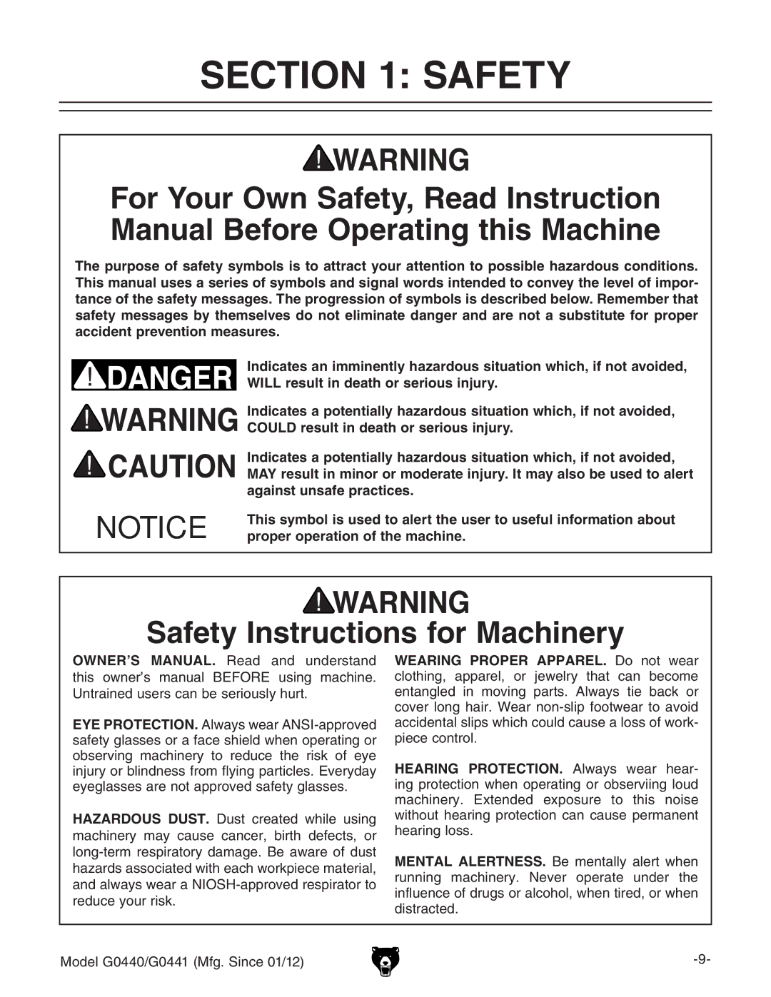 Grizzly G0440 owner manual Safety Instructions for Machinery, DWhZgkc\ bVXcZgn id gZYjXZ iZ gh` d ZnZ 