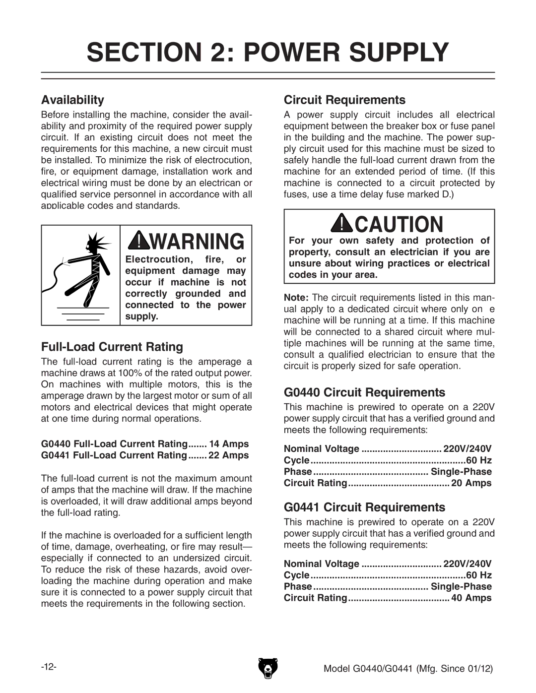 Grizzly G0440 owner manual Power Supply 