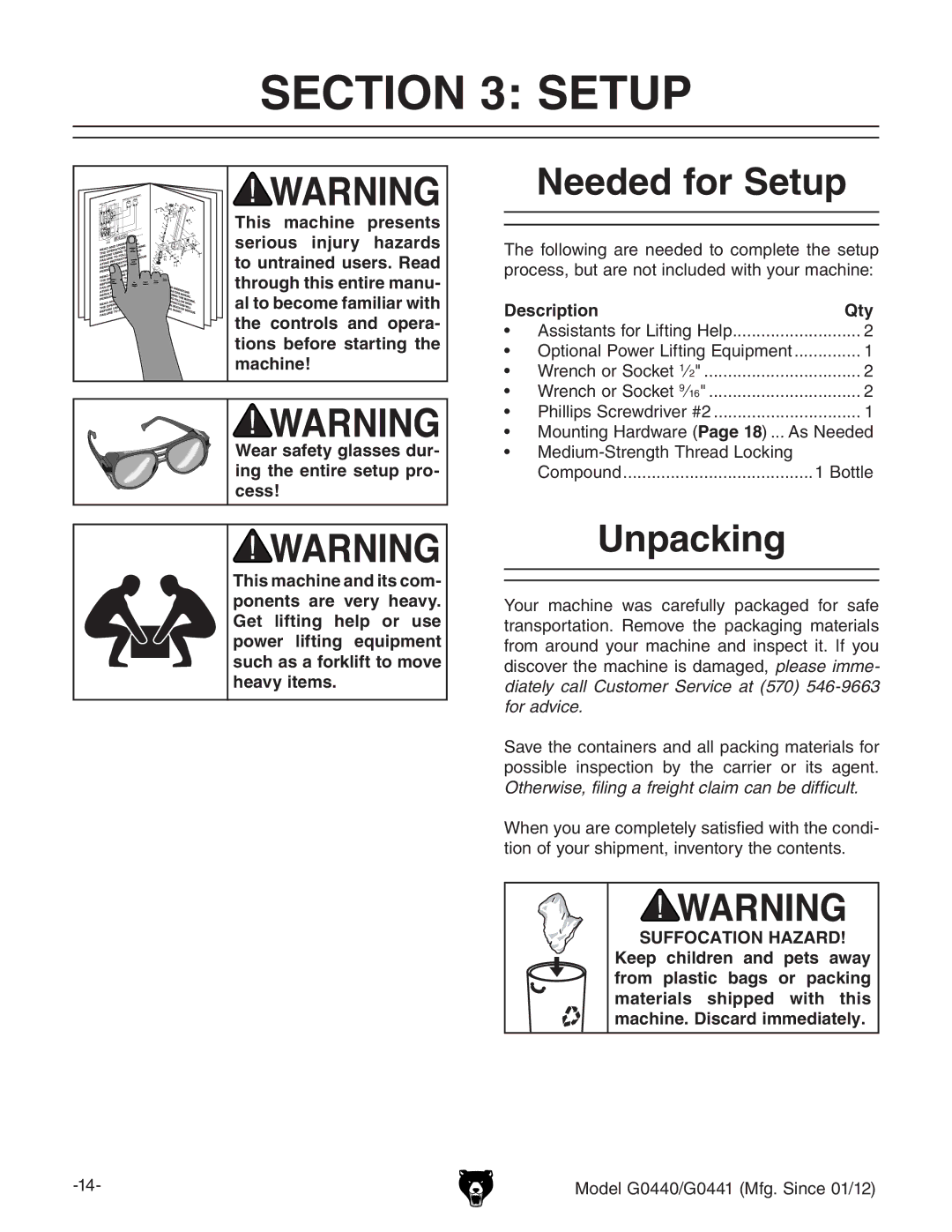 Grizzly G0440 owner manual Needed for Setup, Unpacking, Description Qty, BZYjbHigZc\iIgZVYAdX`c 