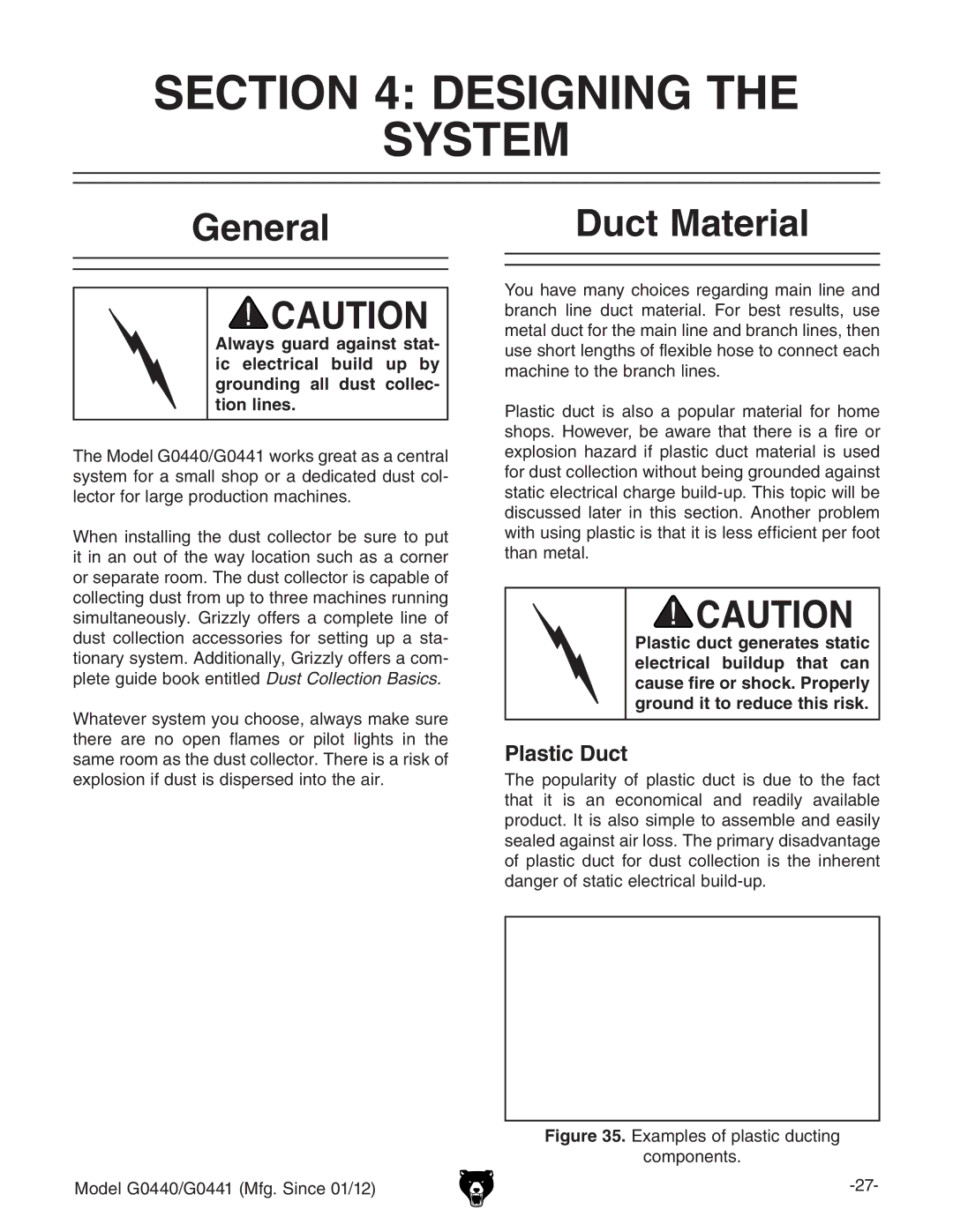 Grizzly G0440 owner manual Designing System, General Duct Material, Plastic Duct 