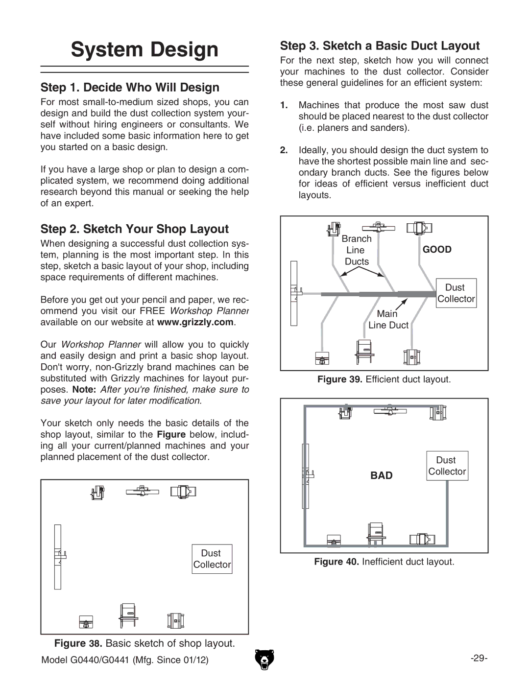 Grizzly G0440 owner manual System Design, Decide Who Will Design, Sketch Your Shop Layout, Sketch a Basic Duct Layout 