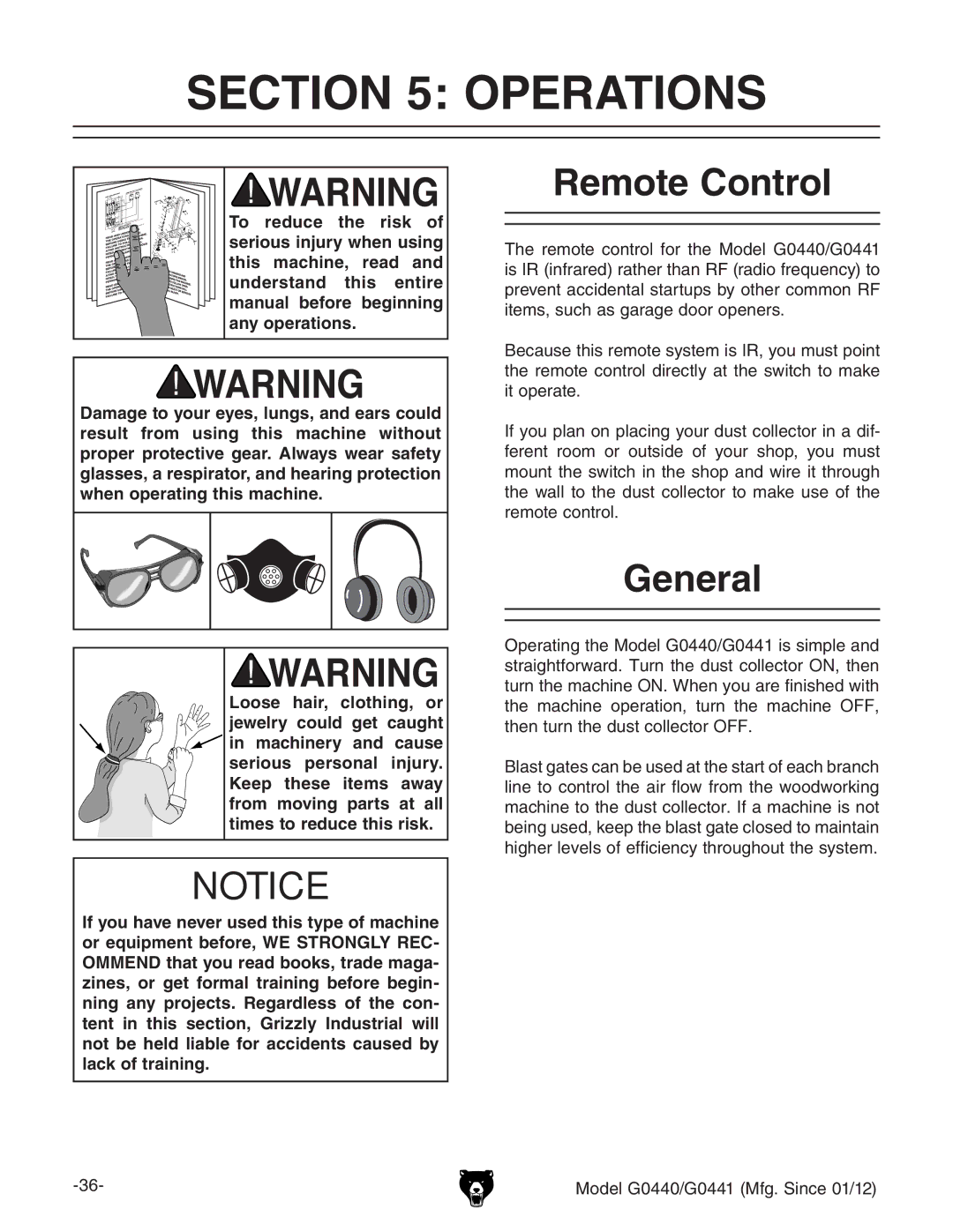 Grizzly G0440 owner manual Operations, Remote Control, General 