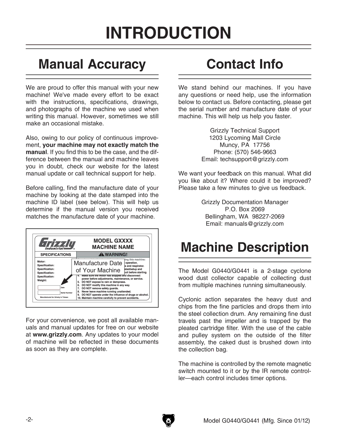 Grizzly G0440 owner manual Introduction, Manual Accuracy Contact Info, Machine Description, NdjgBVXcZ 