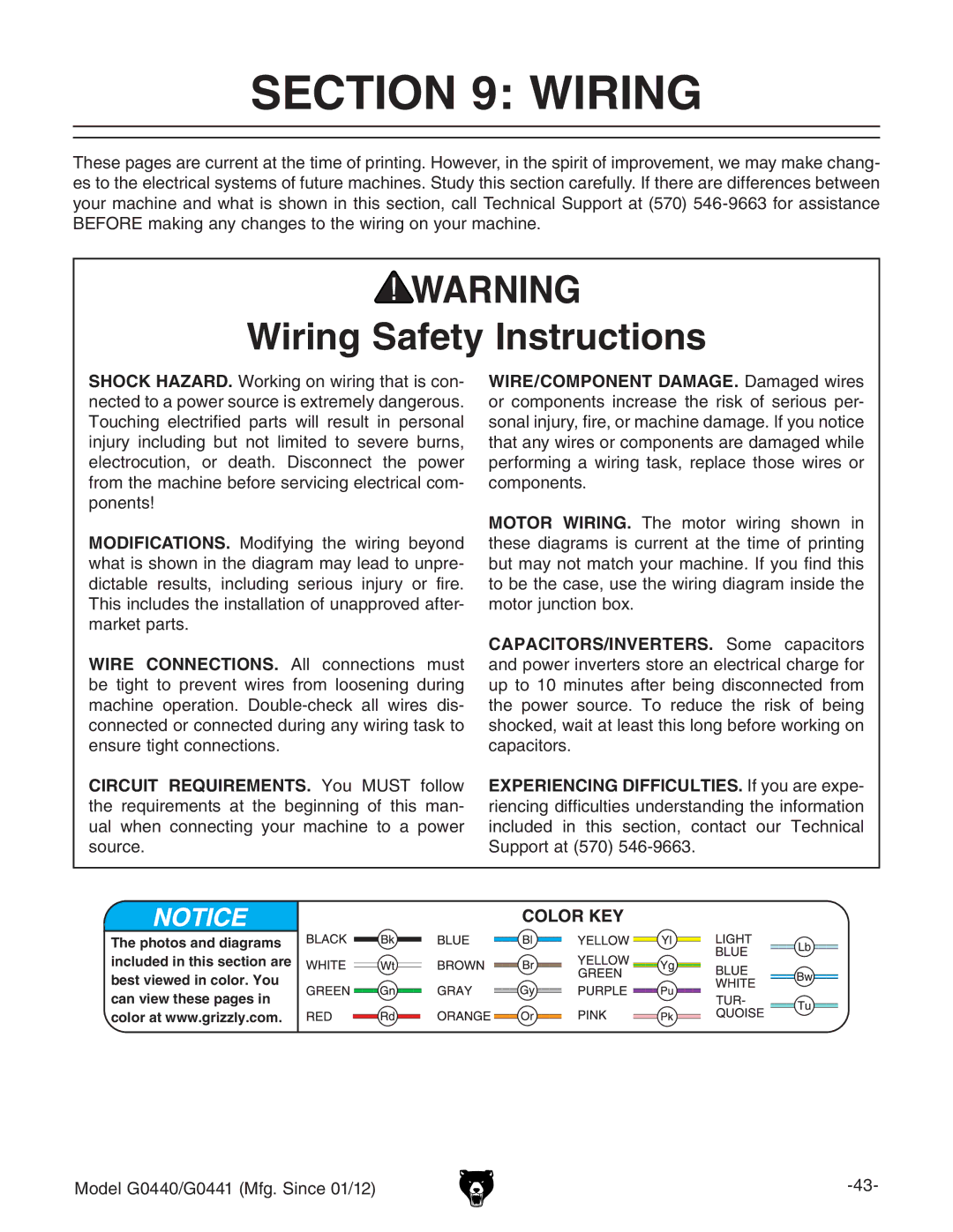 Grizzly G0440 owner manual Wiring Safety Instructions, Shock HAZARD. Ldg`c\dclgc\iVihXdc, EdcZcih 