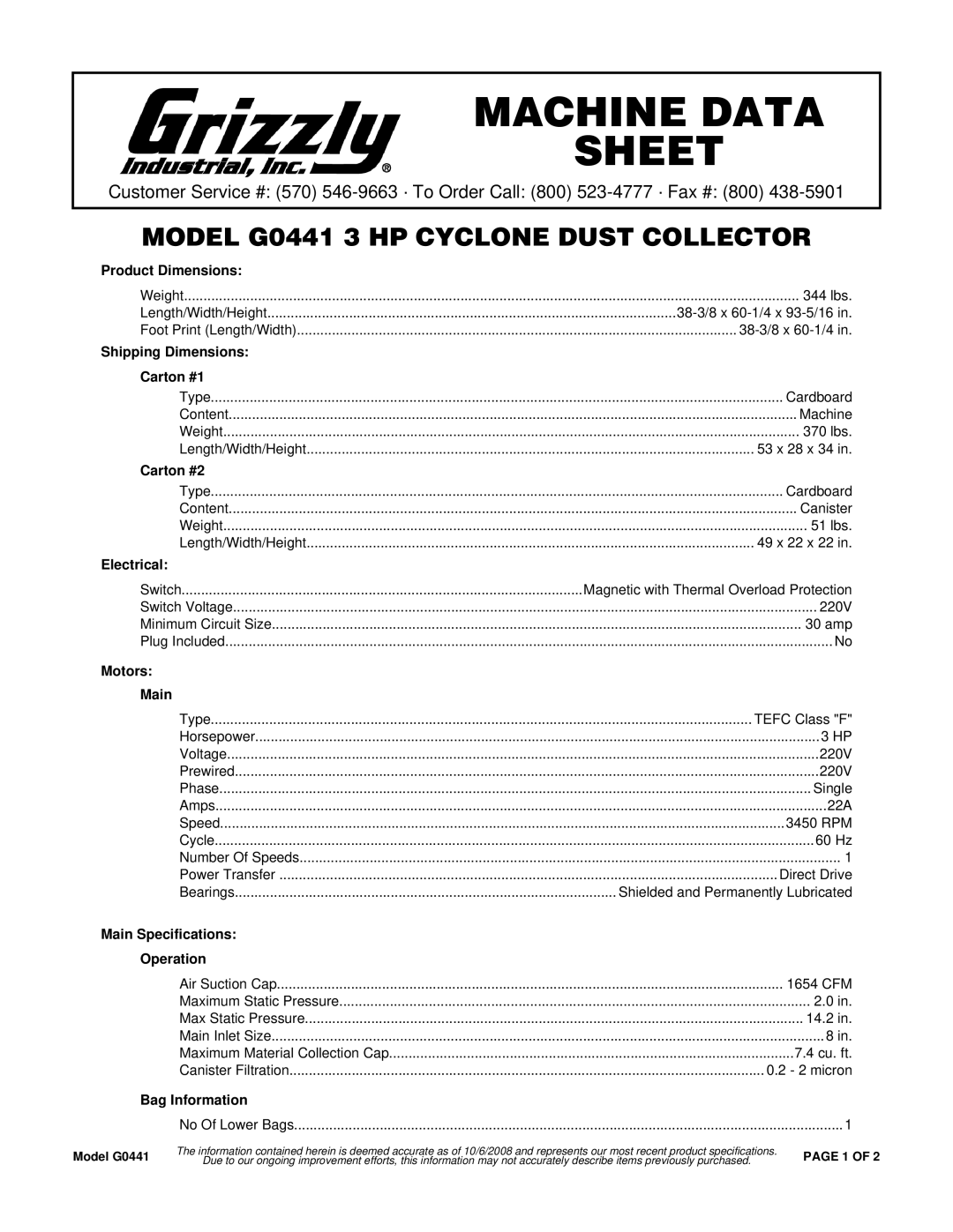 Grizzly G0441 specifications Product Dimensions, Shipping Dimensions Carton #1, Carton #2, Electrical, Motors Main 