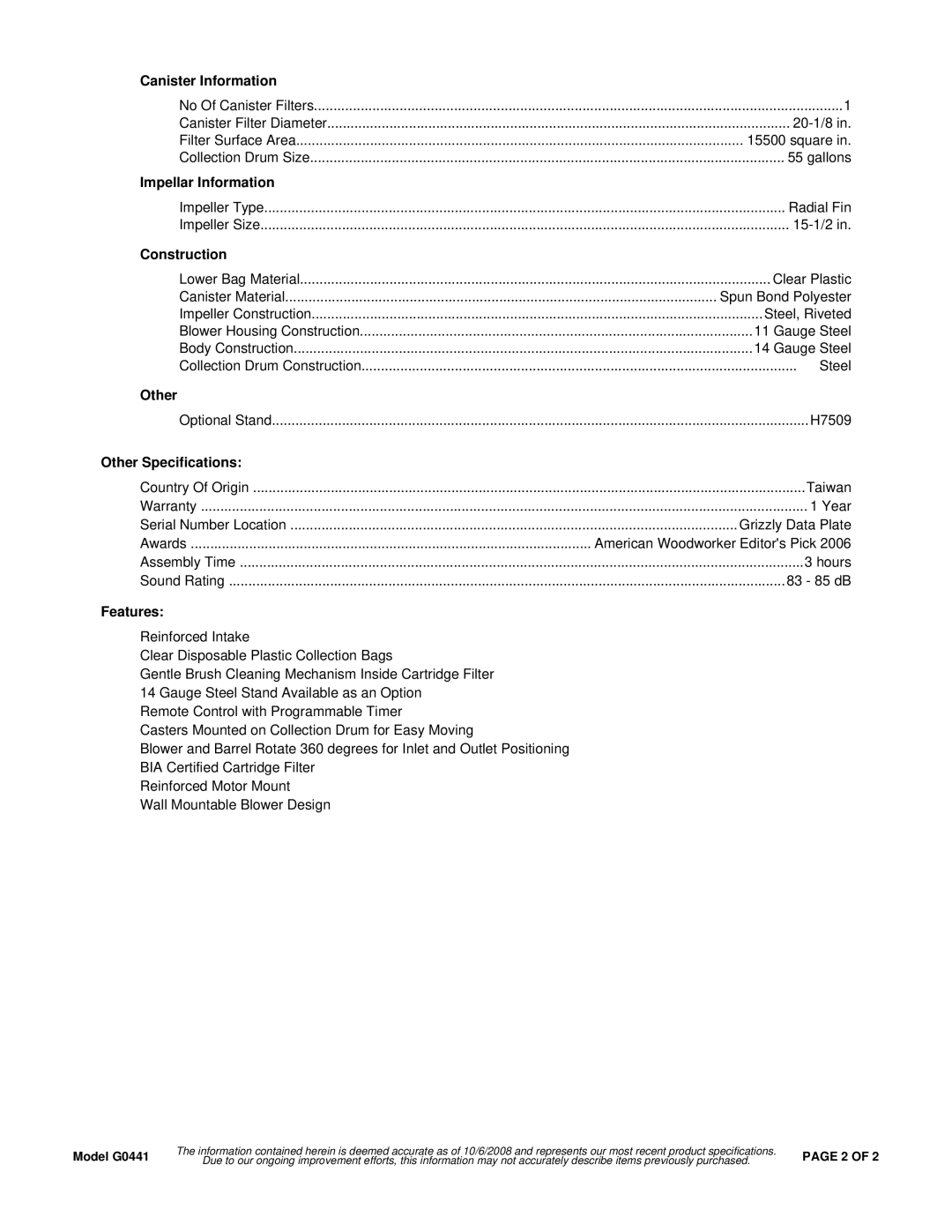 Grizzly G0441 specifications Canister Information, Impellar Information, Construction, Other Specifications, Features 