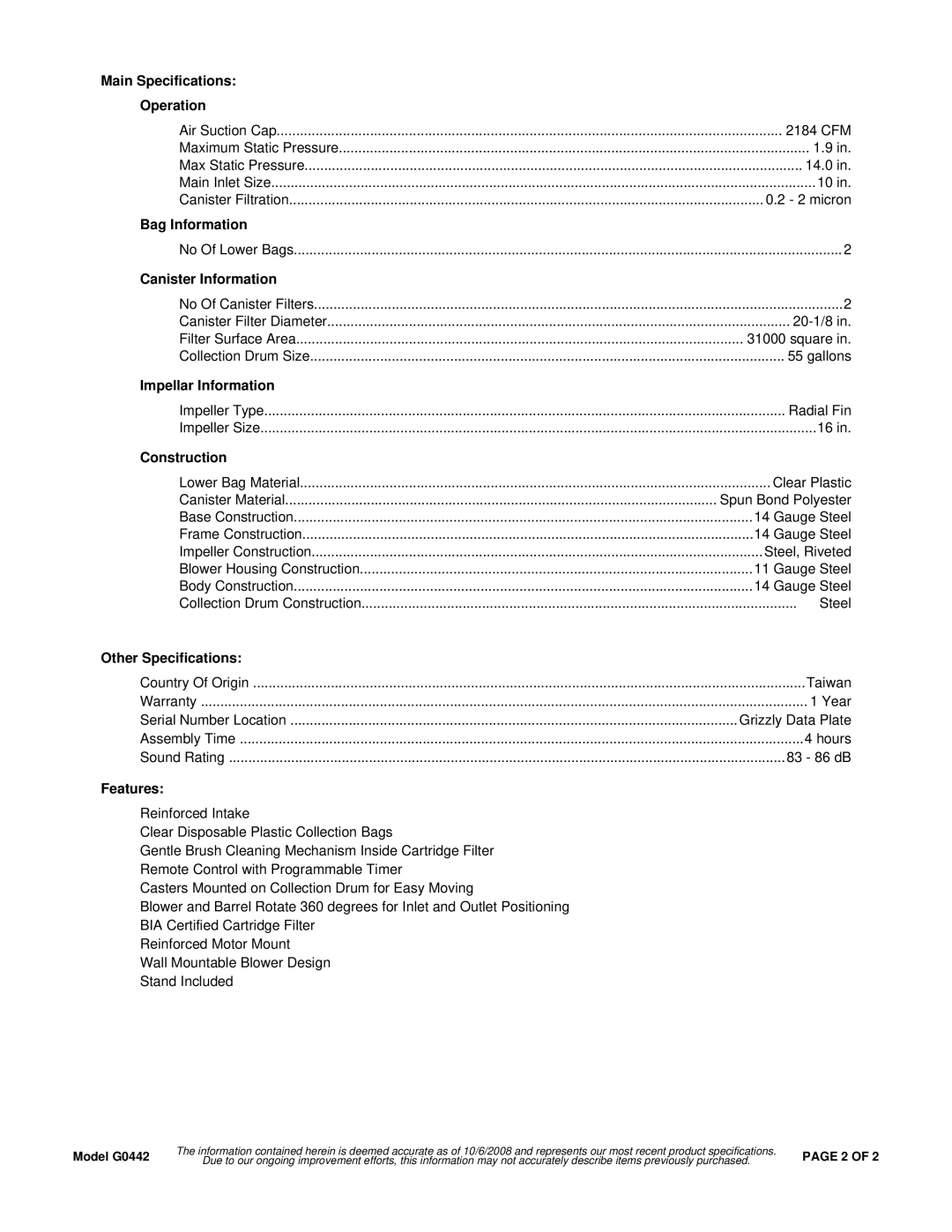 Grizzly G0442 Main Specifications Operation, Bag Information, Canister Information, Impellar Information, Construction 