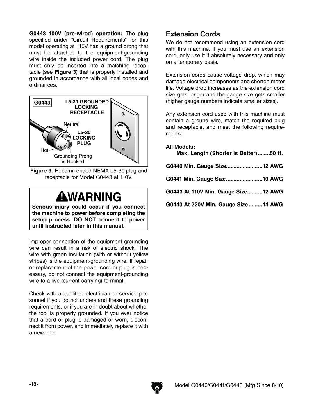 Grizzly G0443, G0440 owner manual Extension Cords 