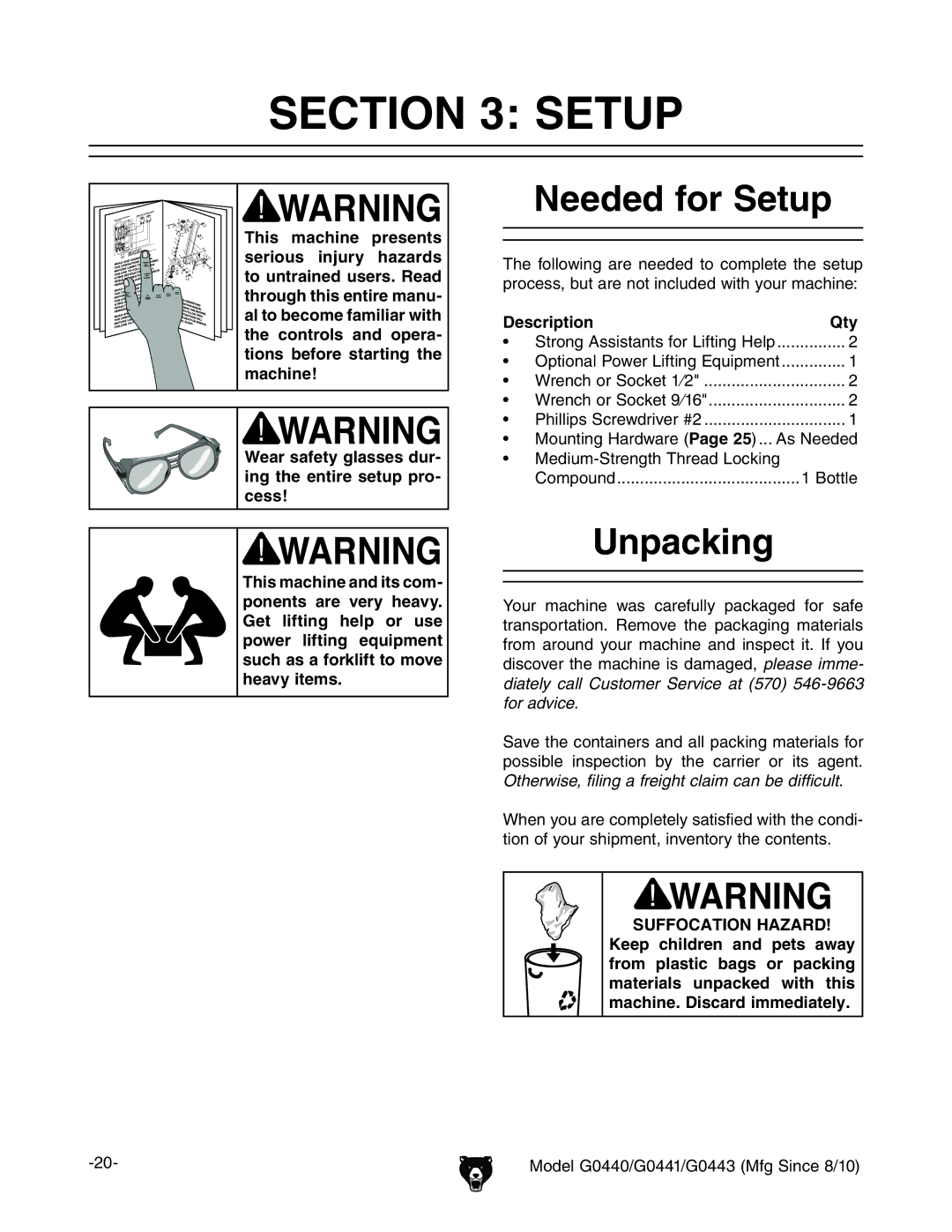 Grizzly G0443 Needed for Setup, Unpacking, Wear safety glasses dur- ing the entire setup pro- cess, Description Qty 