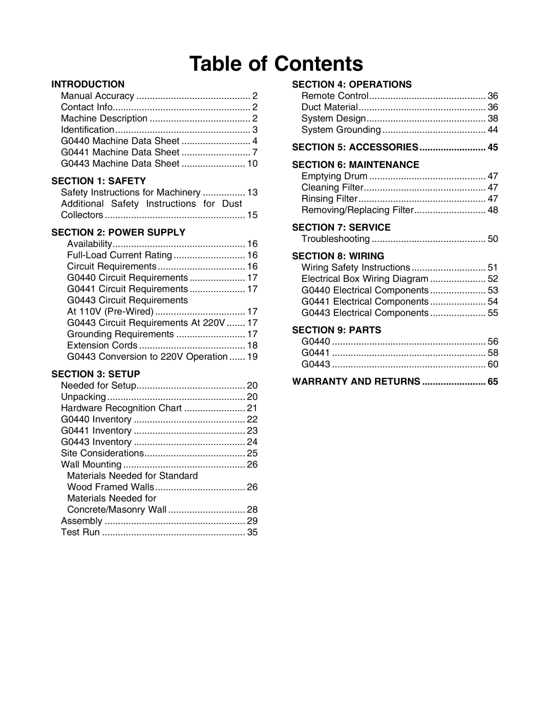 Grizzly G0440, G0443 owner manual Table of Contents 