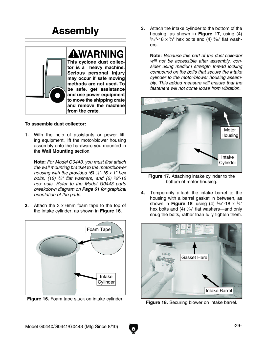 Grizzly G0440, G0443 owner manual Assembly, To assemble dust collector, DVbIVeZ CiV`Z 8nacYZg, Bdidg =djhc\ CiV`Z 8nacYZg 