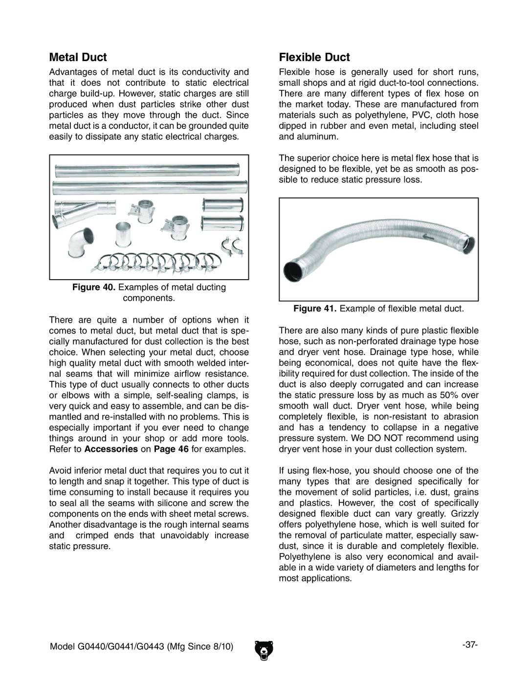 Grizzly G0440, G0443 owner manual Metal Duct, Flexible Duct 