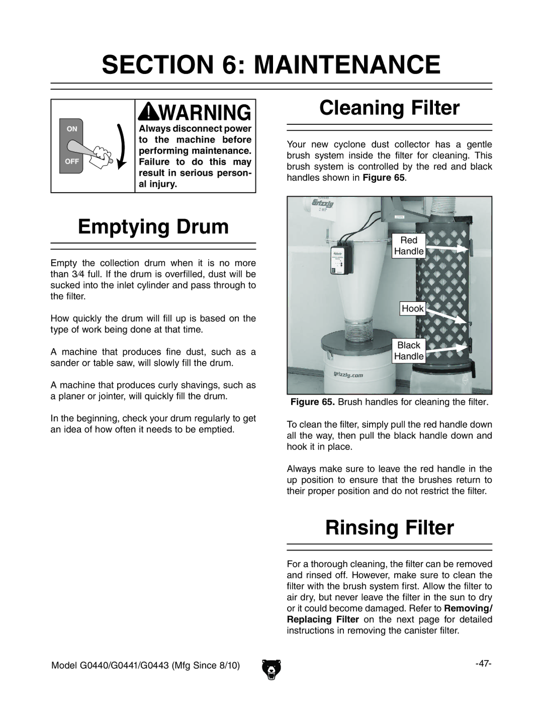 Grizzly G0440, G0443 owner manual Maintenance, Cleaning Filter, Emptying Drum, Rinsing Filter, GZY =VcYaZ =dd` 