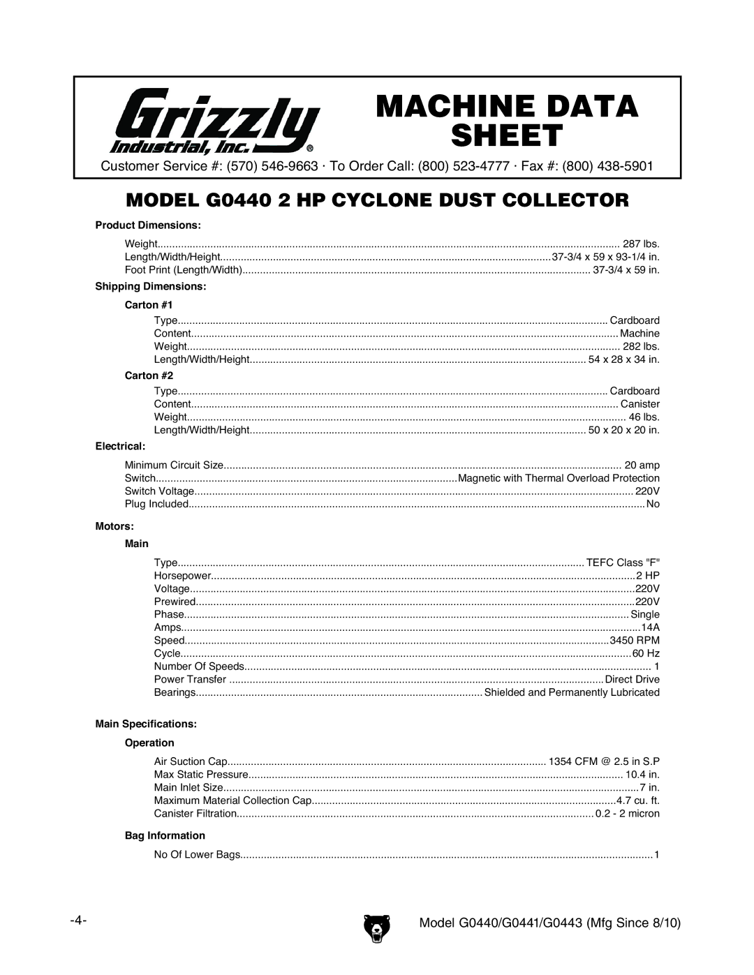 Grizzly G0443, G0440 owner manual Machine Data Sheet 