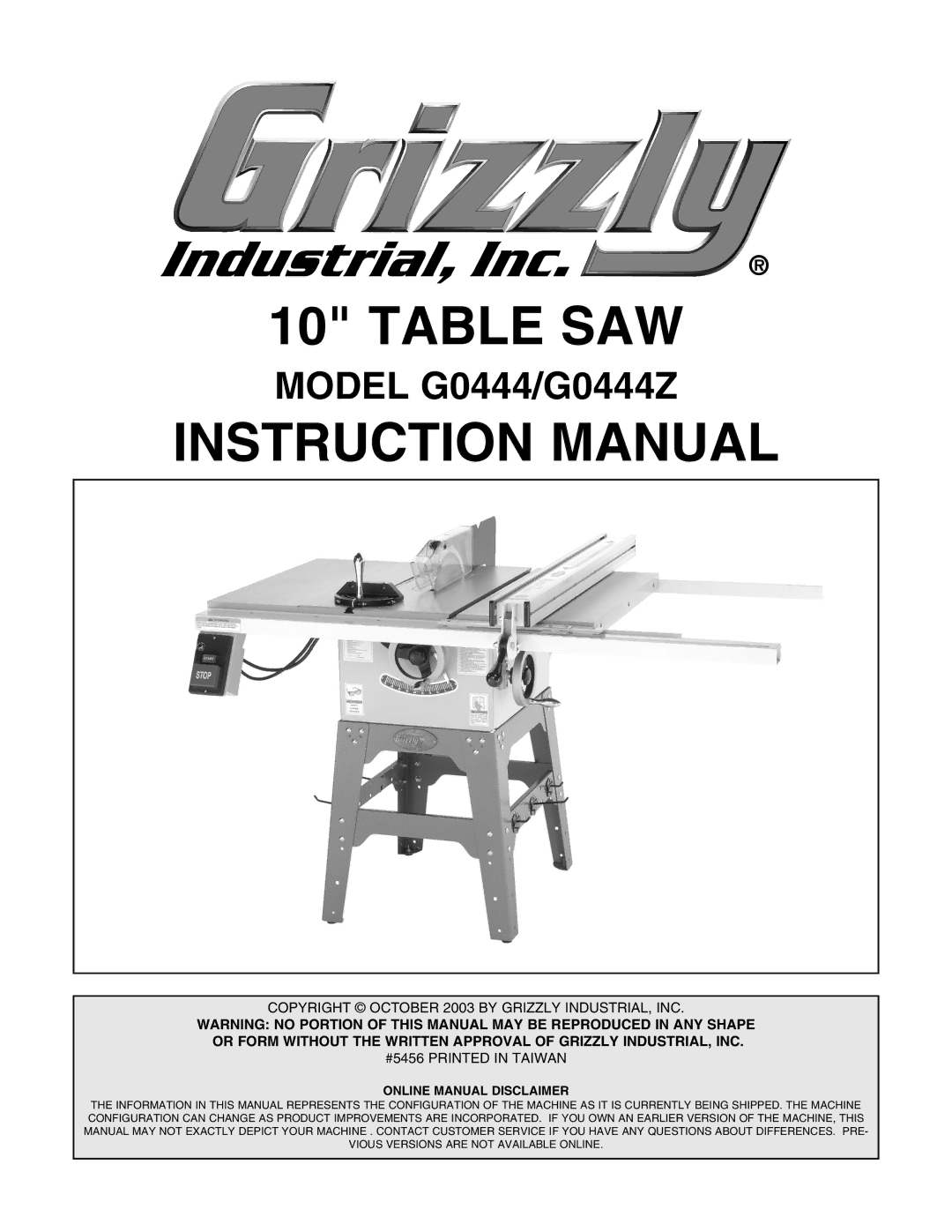 Grizzly instruction manual Table SAW, Model G0444/G0444Z 