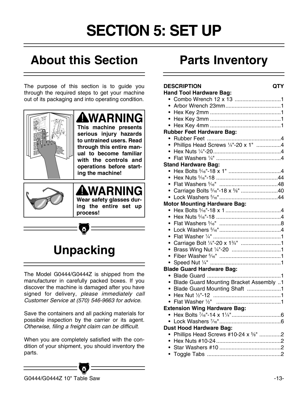 Grizzly G0444Z instruction manual Set Up, About this Section Parts Inventory, Unpacking 