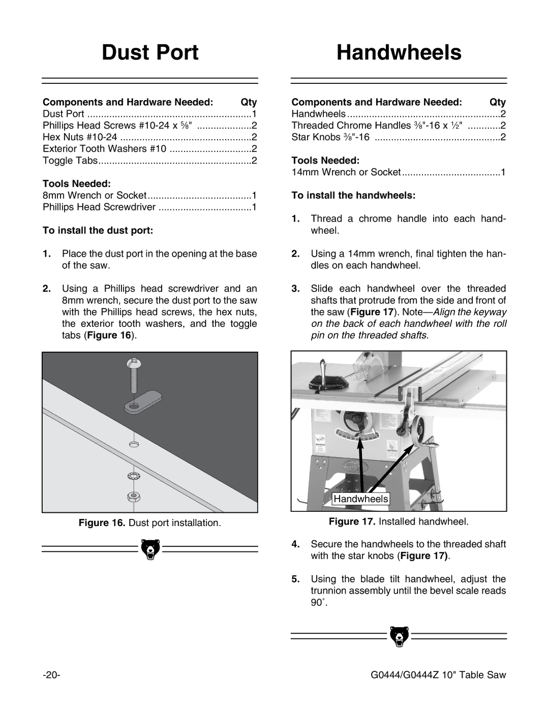 Grizzly G0444Z instruction manual Dust Port Handwheels, To install the dust port, To install the handwheels 