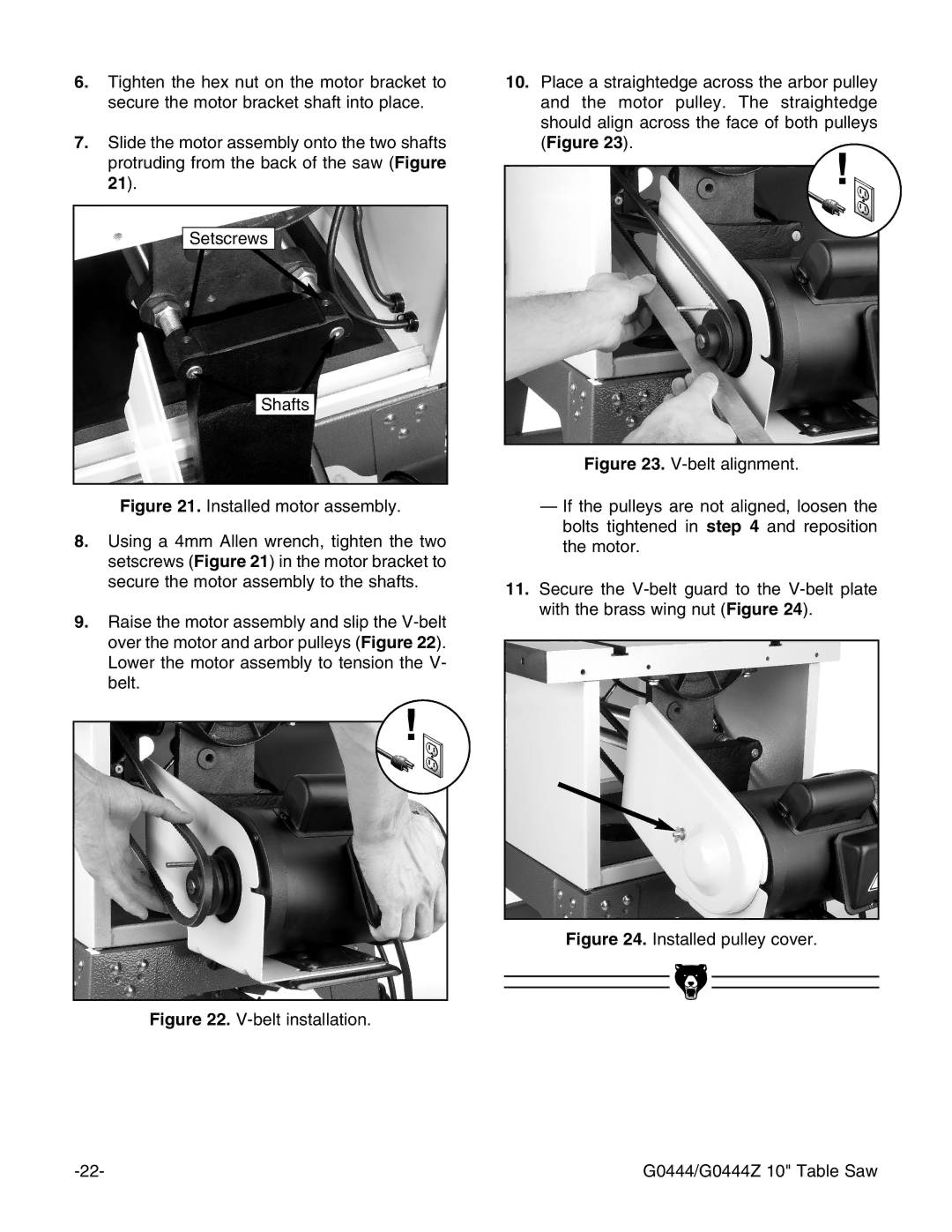 Grizzly instruction manual Installed pulley cover G0444/G0444Z 10 Table Saw 