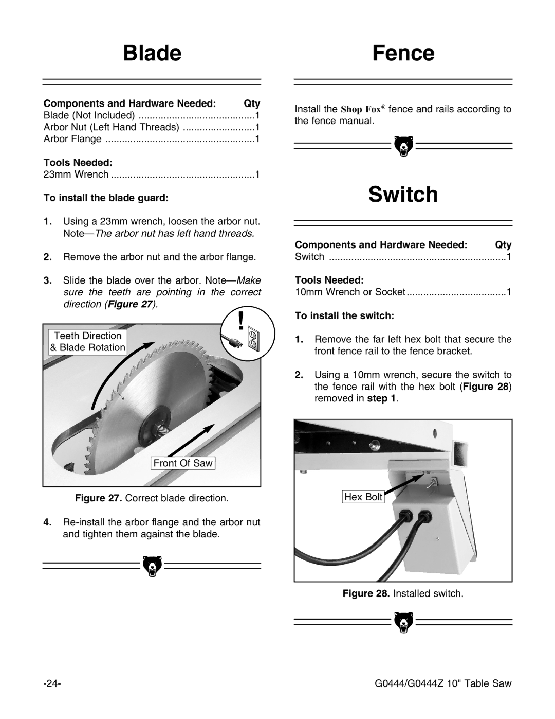 Grizzly G0444Z instruction manual BladeFence, Switch, To install the blade guard, To install the switch 