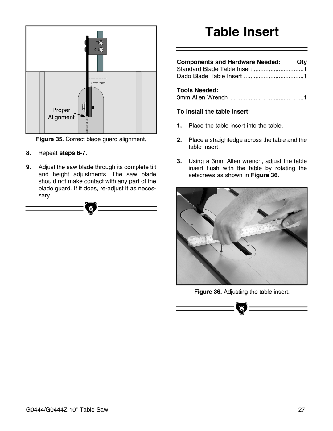 Grizzly G0444Z instruction manual Table Insert, Repeat steps, To install the table insert 