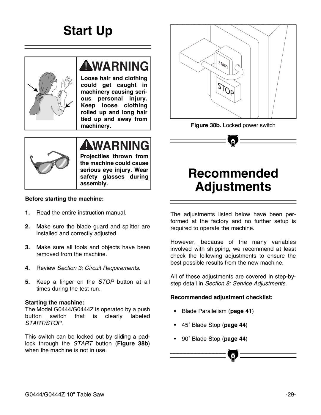 Grizzly G0444Z Start Up, Recommended Adjustments, Starting the machine, Recommended adjustment checklist 