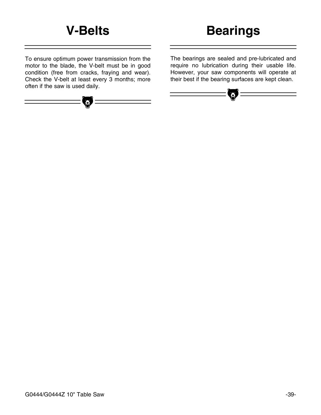 Grizzly G0444Z instruction manual BeltsBearings 