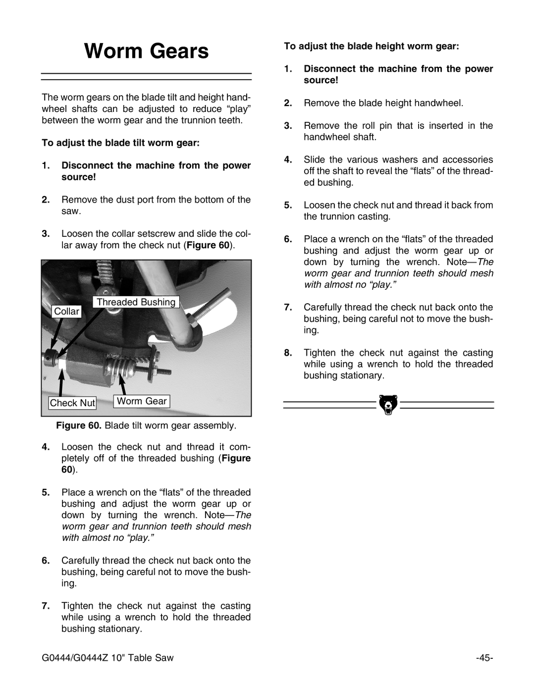 Grizzly G0444Z instruction manual Worm Gears 