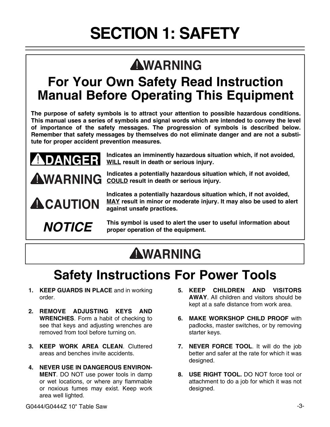 Grizzly G0444Z instruction manual Safety Instructions For Power Tools 