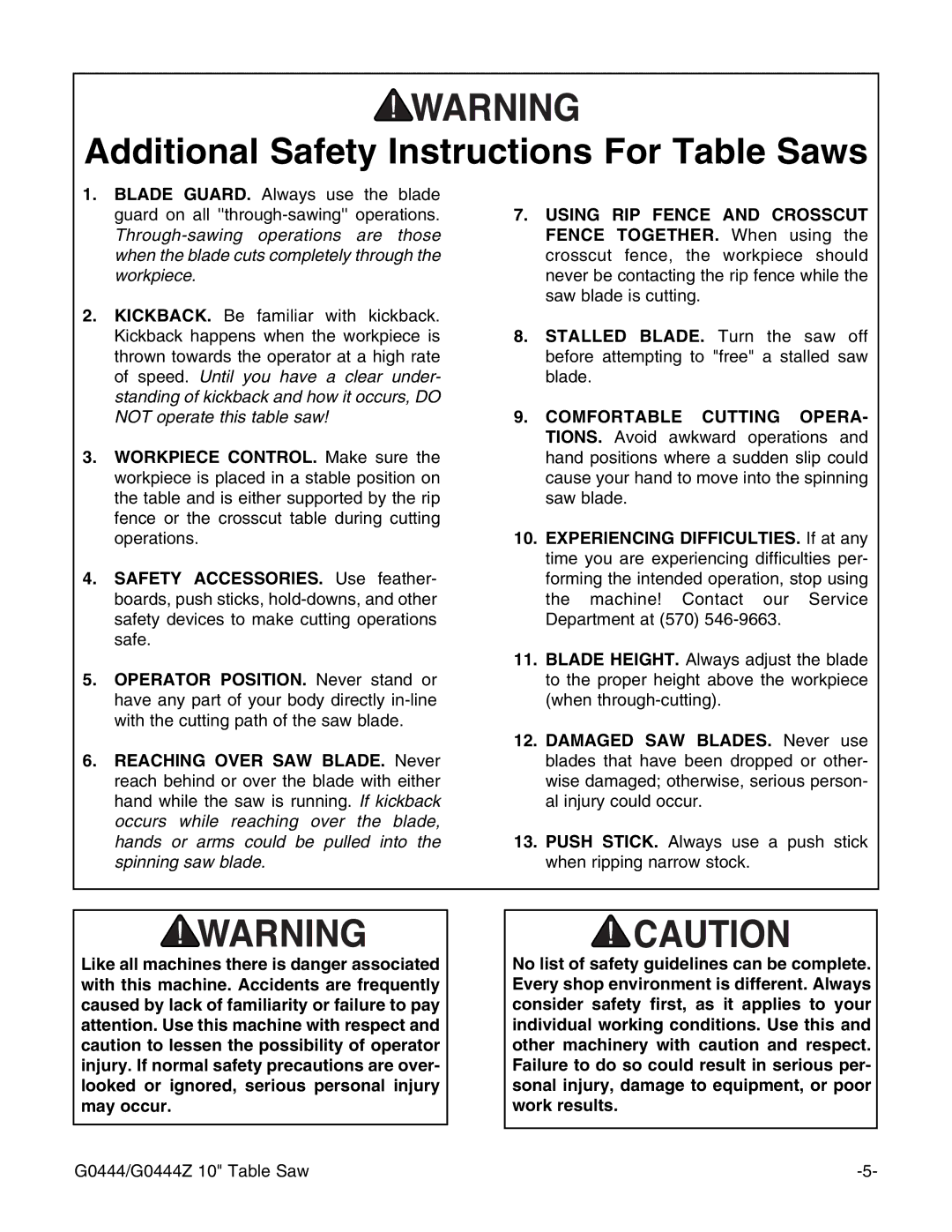 Grizzly G0444Z instruction manual Additional Safety Instructions For Table Saws 