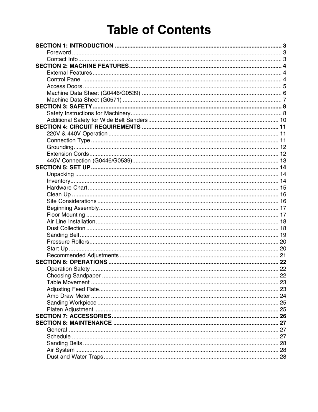 Grizzly G0446 manual 4ABLE of #ONTENTS 