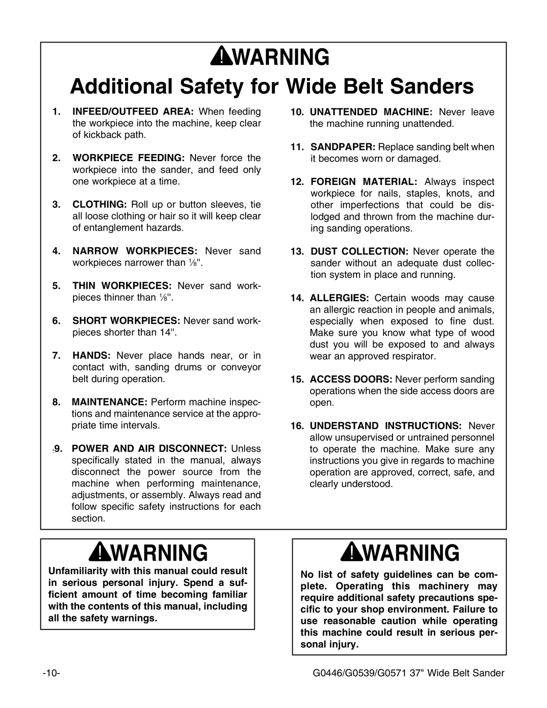 Grizzly G0446 manual Dditional 3AFETY for 7IDE ELT 3ANDERS 