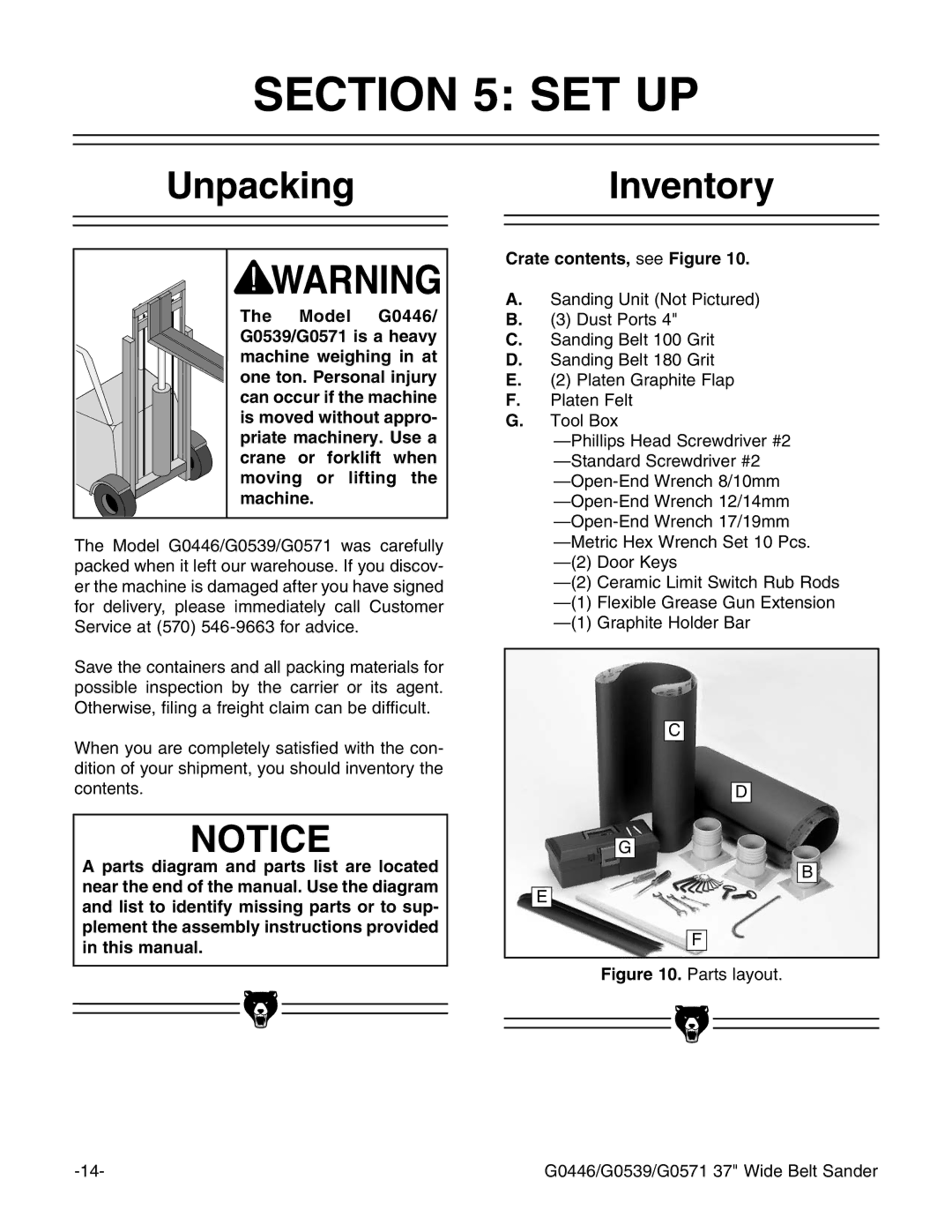 Grizzly G0446 manual #4/. 3%4, 5NPACKING, Nventory 