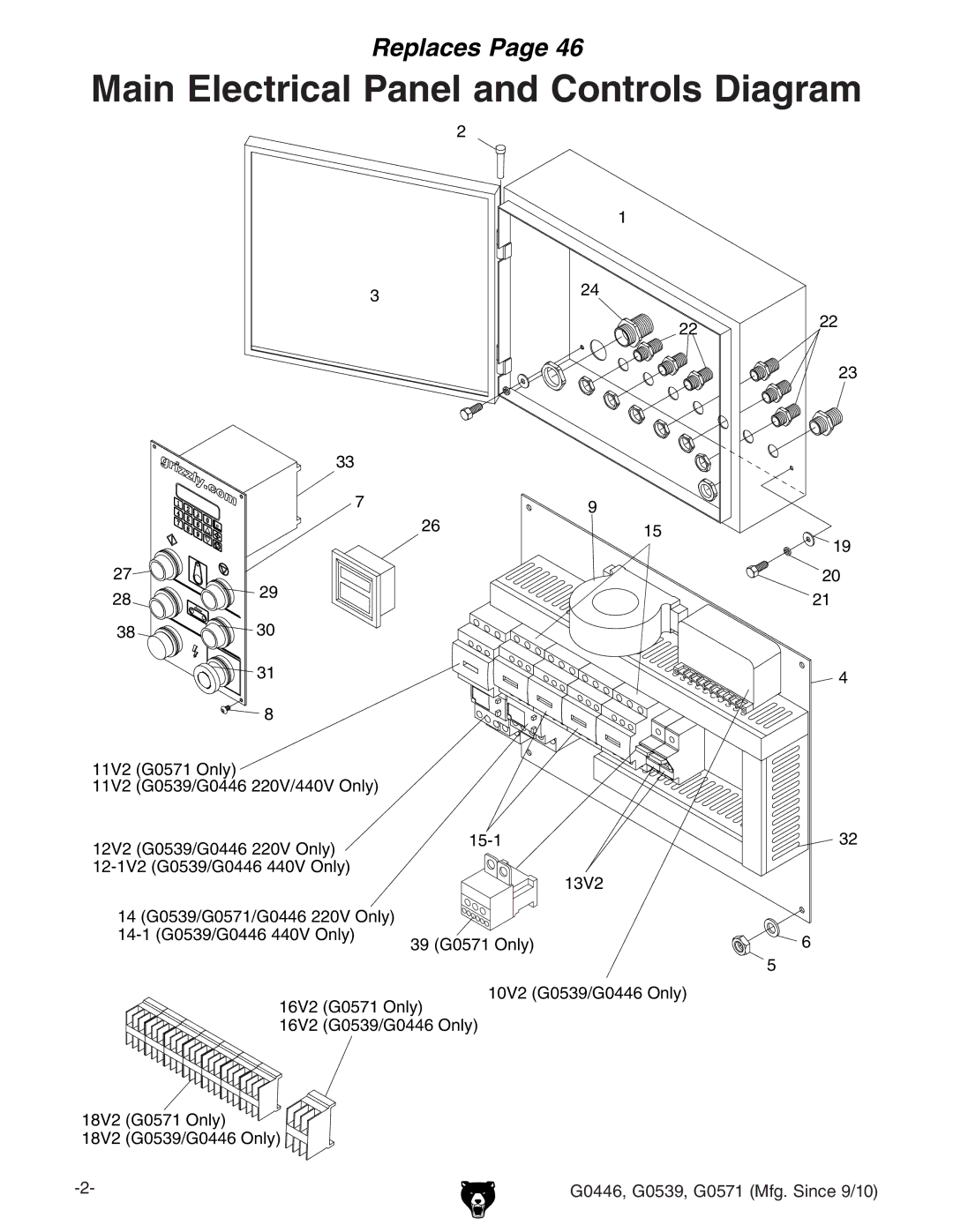 Grizzly manual Main Electrical Panel and Controls Diagram, G0446, G0539, G0571 Mfg. Since 9/10 