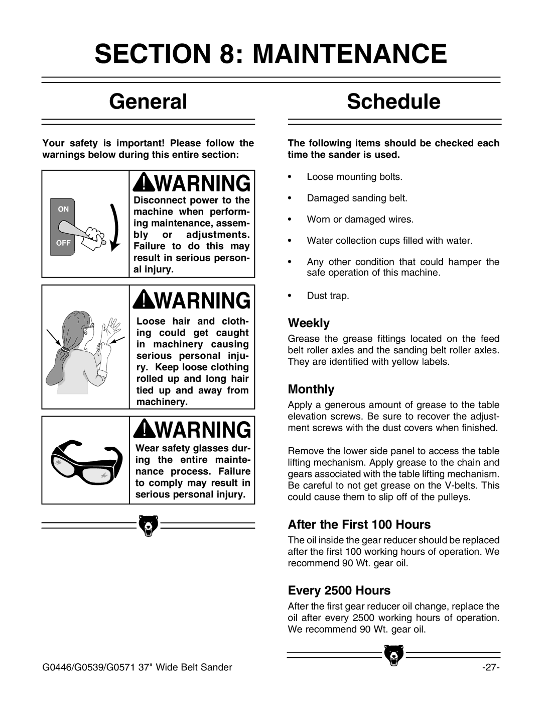 Grizzly G0446 manual #4/. -!.4%.!.#%, ENERAL3CHEDULE 