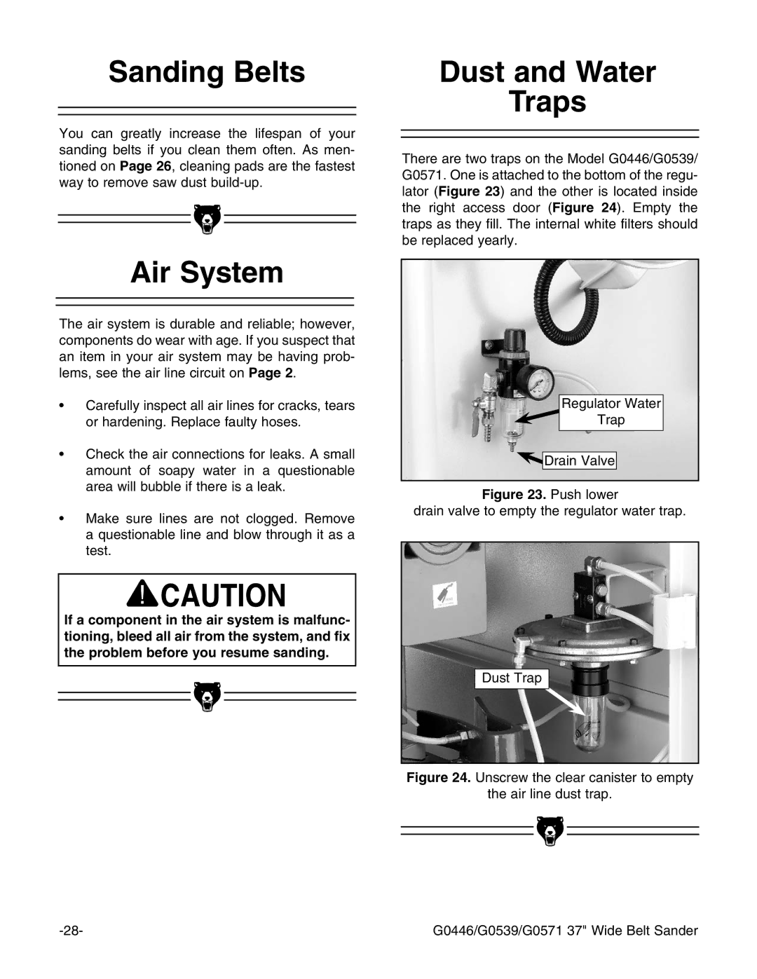 Grizzly G0446 manual 3ANDING Elts, IR 3YSTEM, $UST and 7ATER 4RAPS 