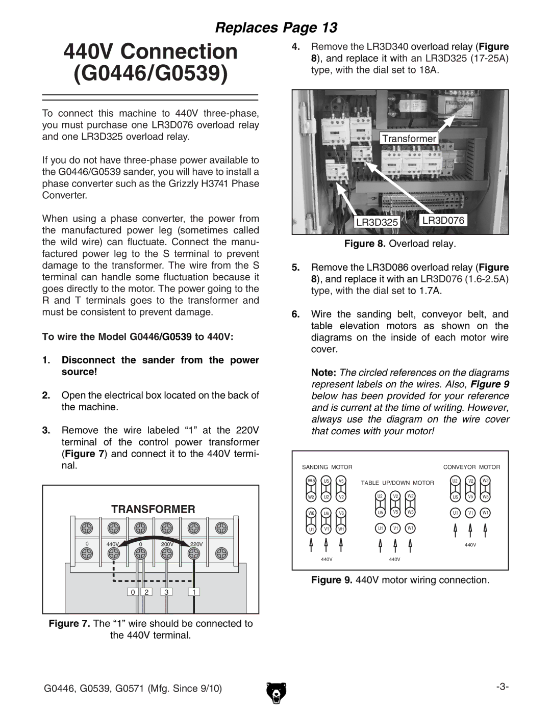 Grizzly manual 440V Connection G0446/G0539, Motor wiring connection 