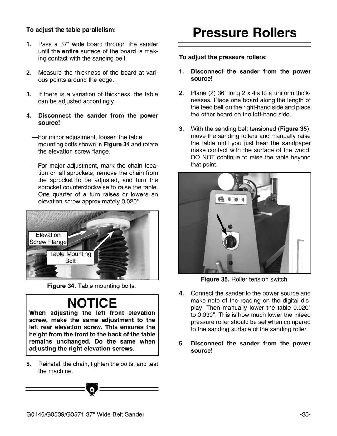 Grizzly G0446 manual 0RESSURE 2OLLERS, 4O Adjust THEHTABLEBPARALLELISM,  $ISCONNECT Theh Sander from Theh Powerw SOURCE 