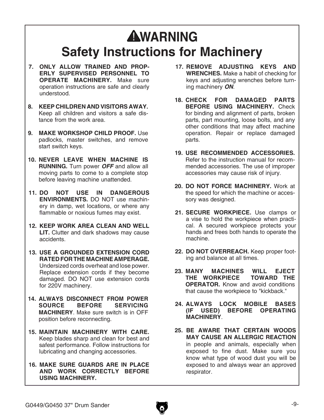 Grizzly G0449 Safety Instructions for Machinery, Always Lock Mobile Bases if Used Before Operating Machinery 