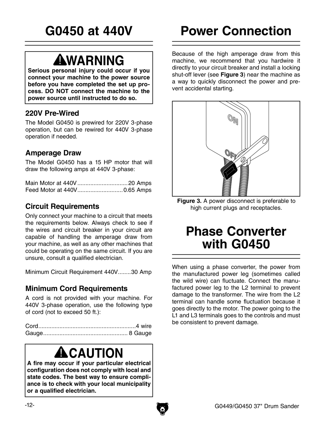 Grizzly G0449 instruction manual G0450 at Power Connection, Phase Converter With G0450 