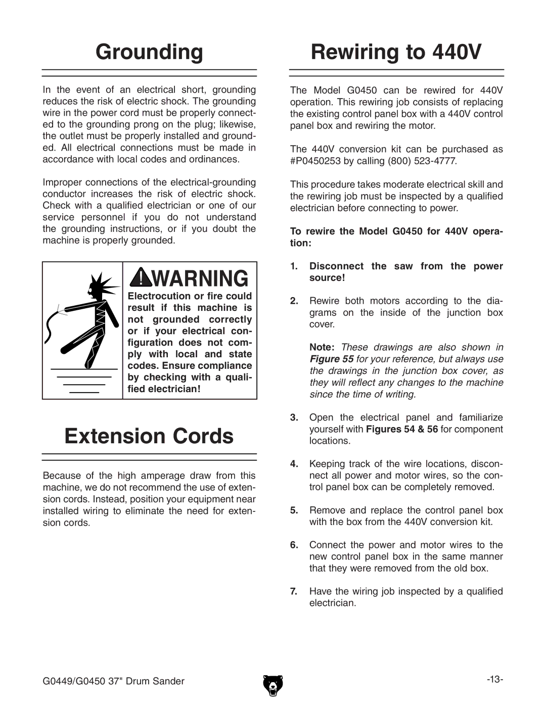 Grizzly G0449 instruction manual Grounding Rewiring to, Extension Cords 