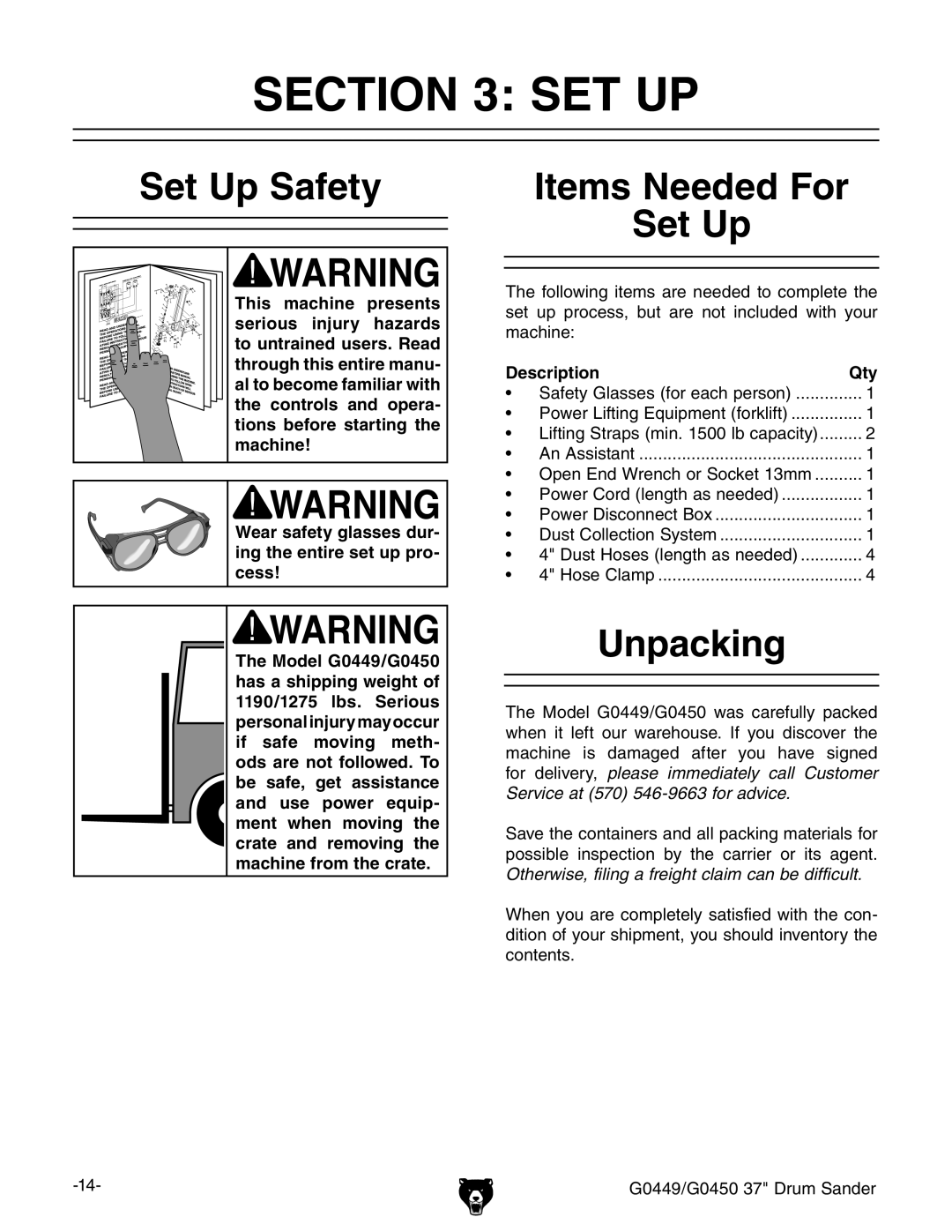 Grizzly G0449 instruction manual Set Up Safety, Items Needed For Set Up, Unpacking, Description Qty 