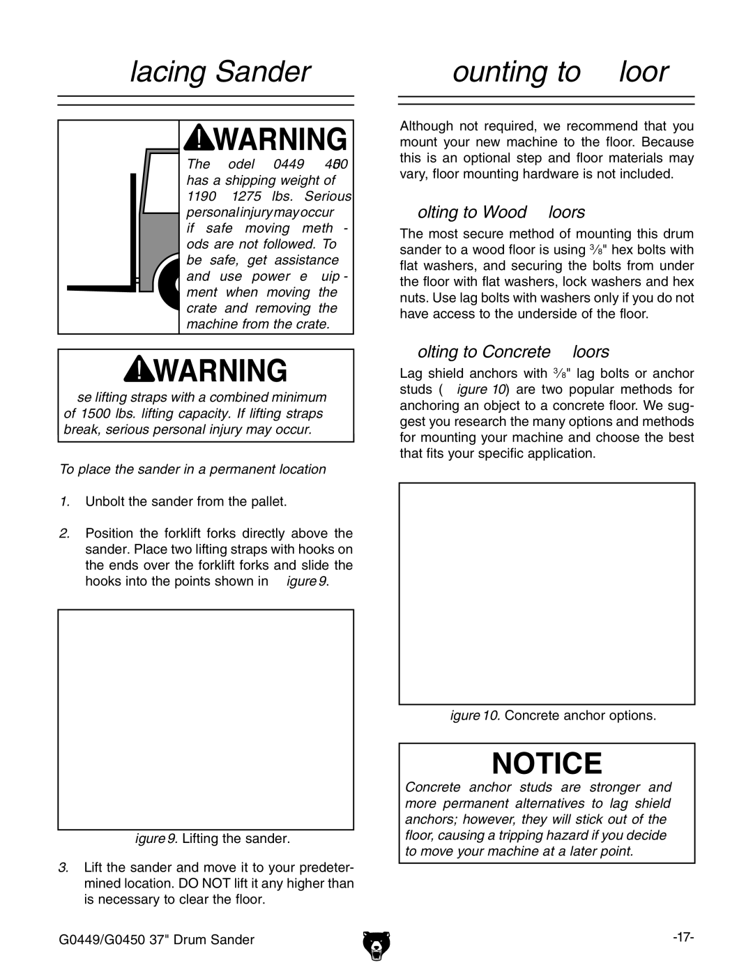 Grizzly G0449 instruction manual Placing Sander, Mounting to Floor 