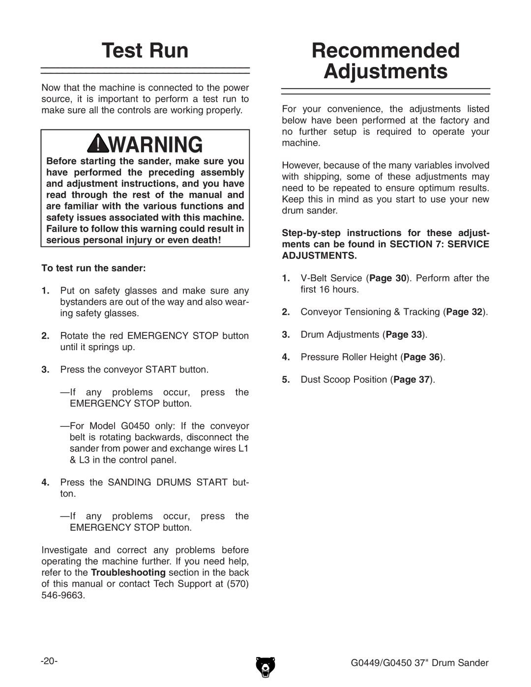 Grizzly G0449 instruction manual Test Run, Recommended Adjustments 