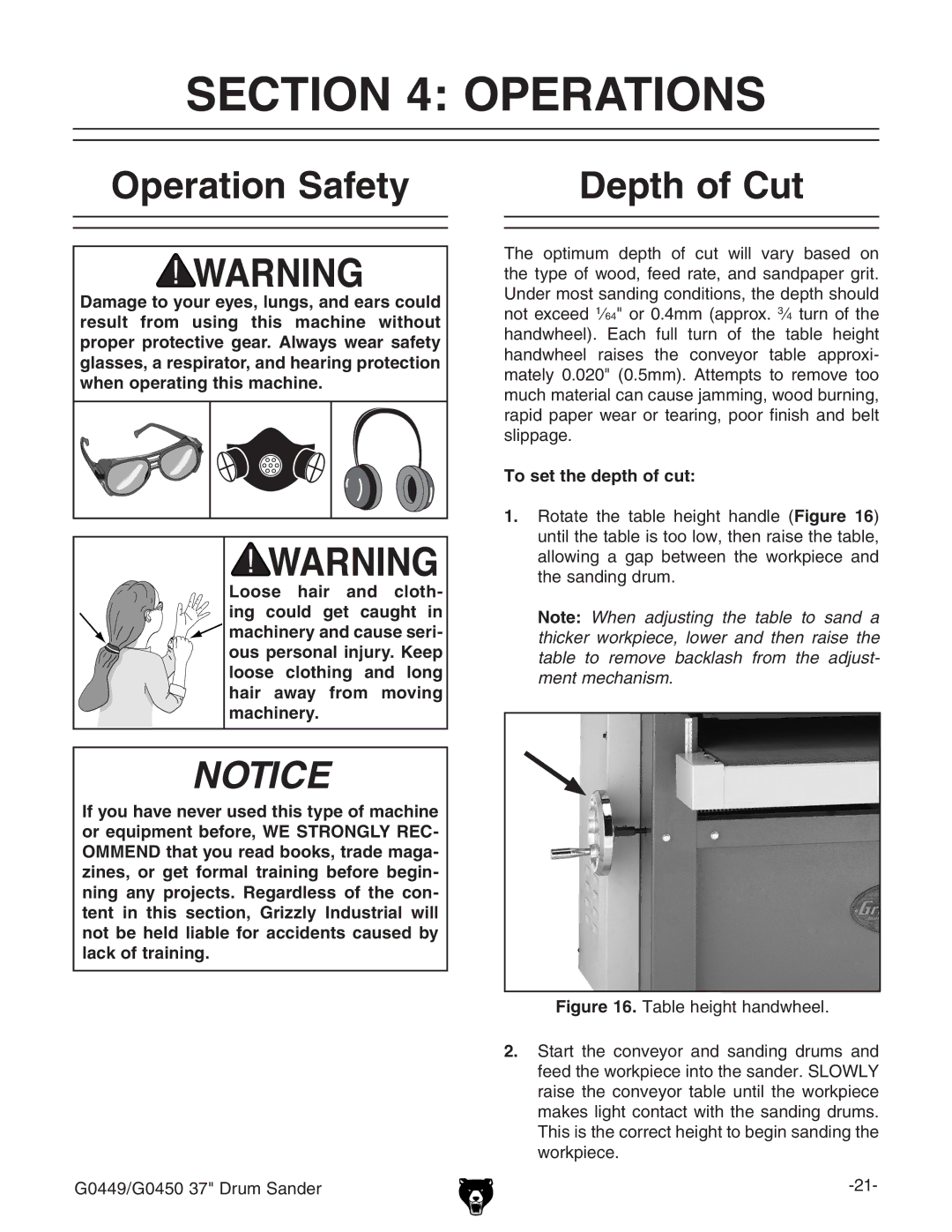 Grizzly G0449 instruction manual Operations, Operation Safety Depth of Cut, To set the depth of cut 