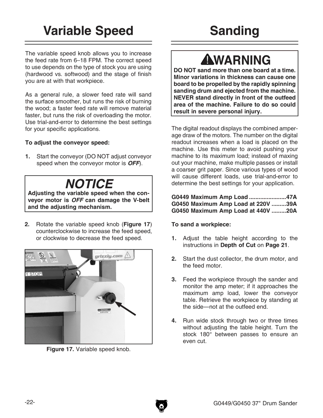 Grizzly G0449 instruction manual Variable Speed Sanding, To adjust the conveyor speed 