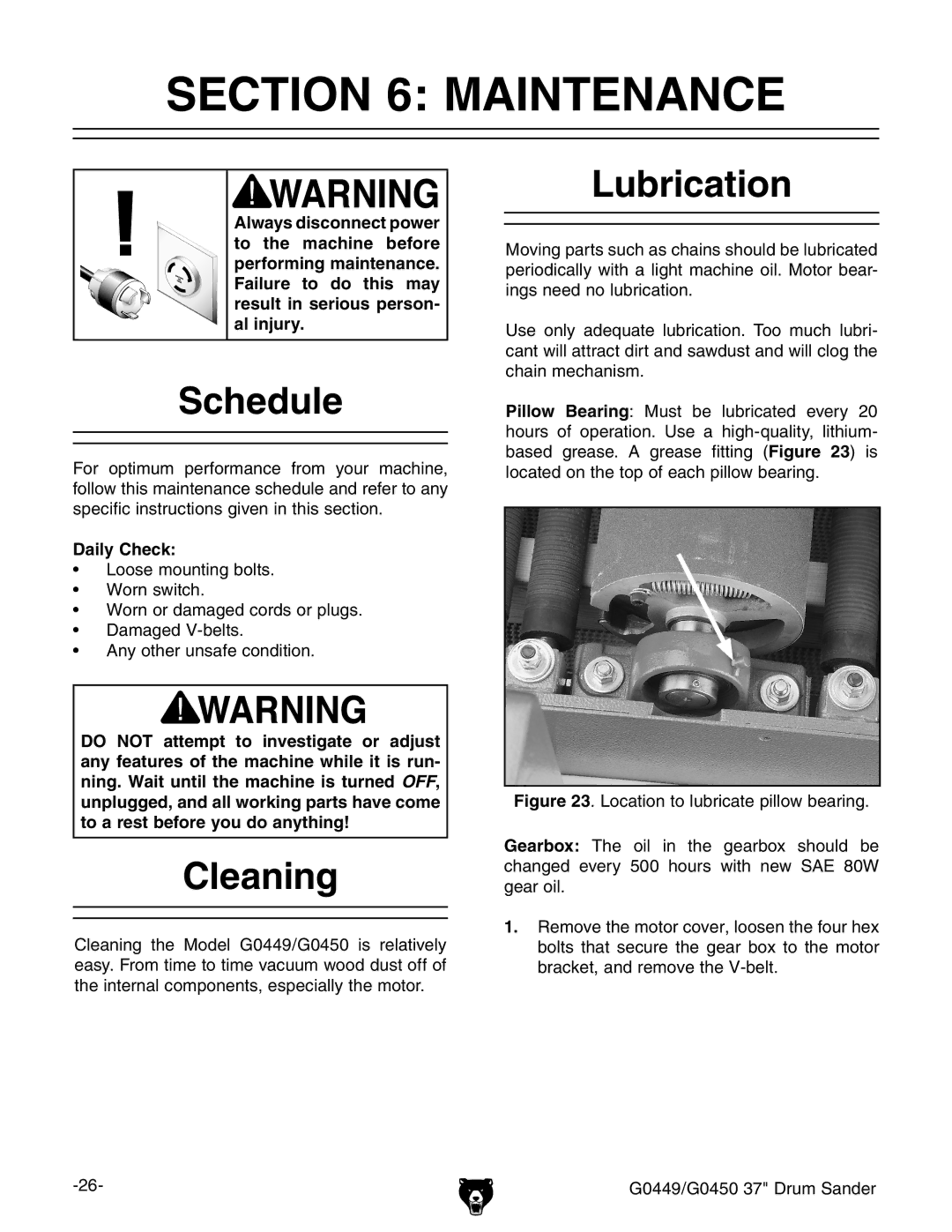 Grizzly G0449 instruction manual Maintenance, Schedule, Cleaning, Lubrication, Daily Check 