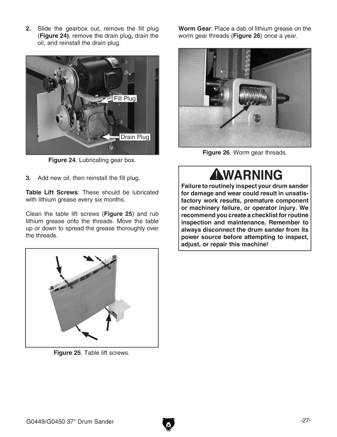 Grizzly G0449 instruction manual Worm gear threads 